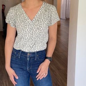 V neck blouse with green leaf floral pattern, Caslon size XS